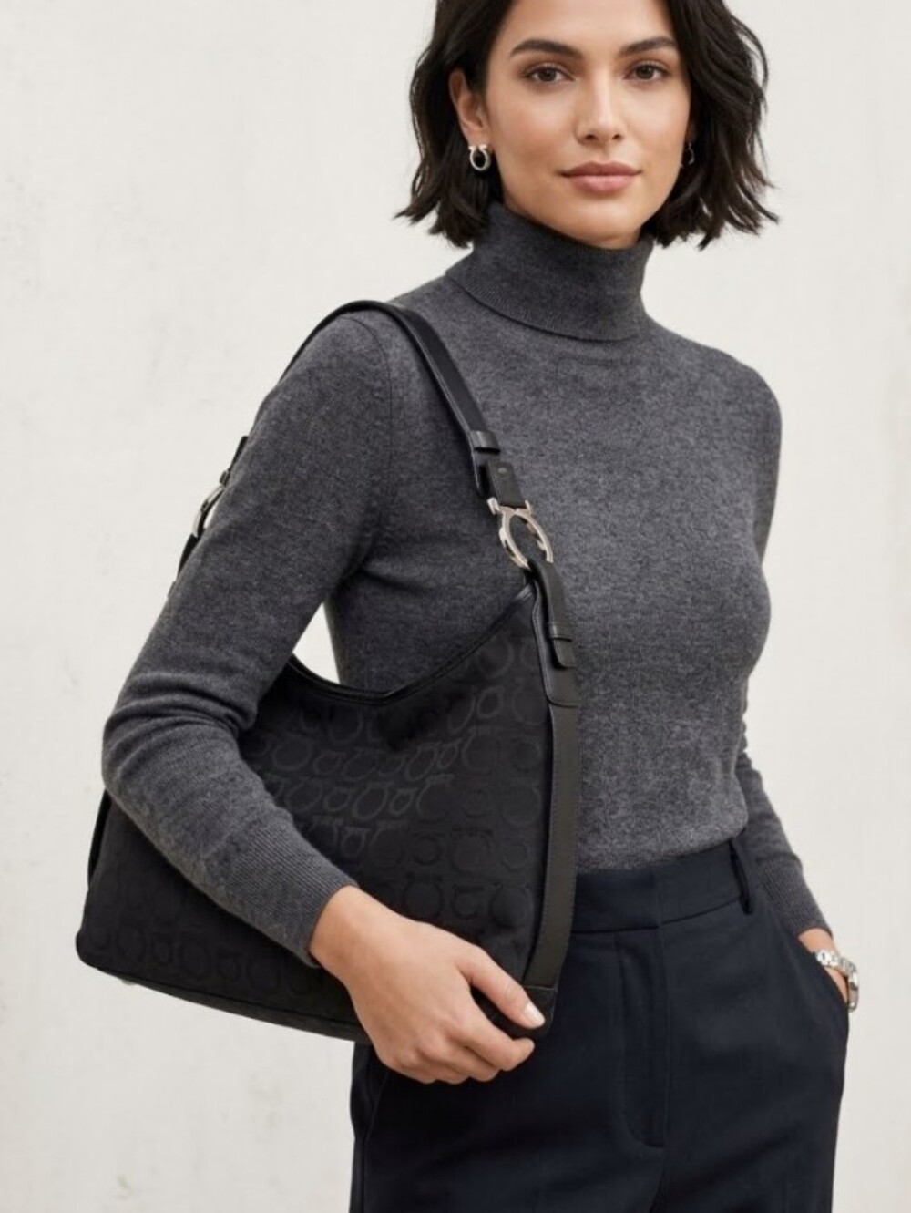 Salvatore Ferragamo Gancini Monogram Hobo Canvas Shoulder Bag